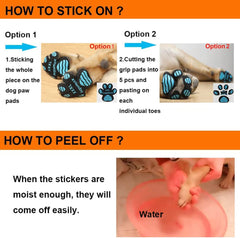 Aqumax paw protector on a dog's paw demonstrates two sticking options for secure fit.