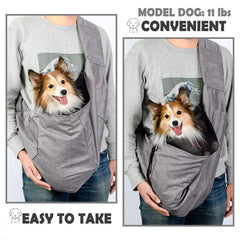 ARELLA dog sling safety-net leash-hook feature keeps small pets secure during errands.