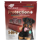 ARK NATURALS Protection+ brushless toothpaste bag showing chews and fresh breath benefits