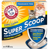 Arm & Hammer Super Scoop fragrance-free litter bag shows baking soda odor control for a cleaner box.