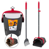 Arm & Hammer Swivel Bin XL in use with rake for hands-off yard cleanup.