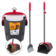 Arm & Hammer Swivel Bin XL in use with rake for hands-off yard cleanup.