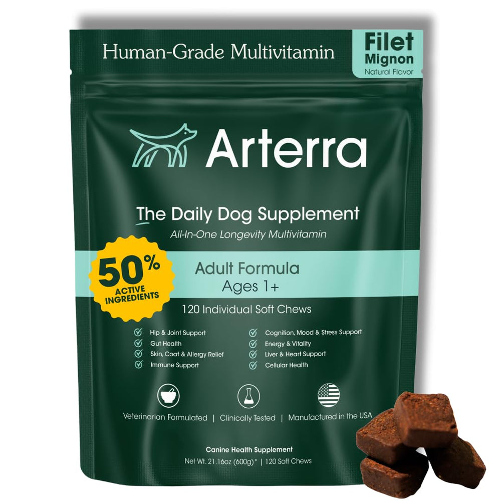Arterra Longevity Multivitamin for Dogs bottle shows premium daily vet-formulated supplement for joints and immune health.