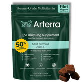 Arterra Longevity Multivitamin for Dogs bottle shows premium daily vet-formulated supplement for joints and immune health.