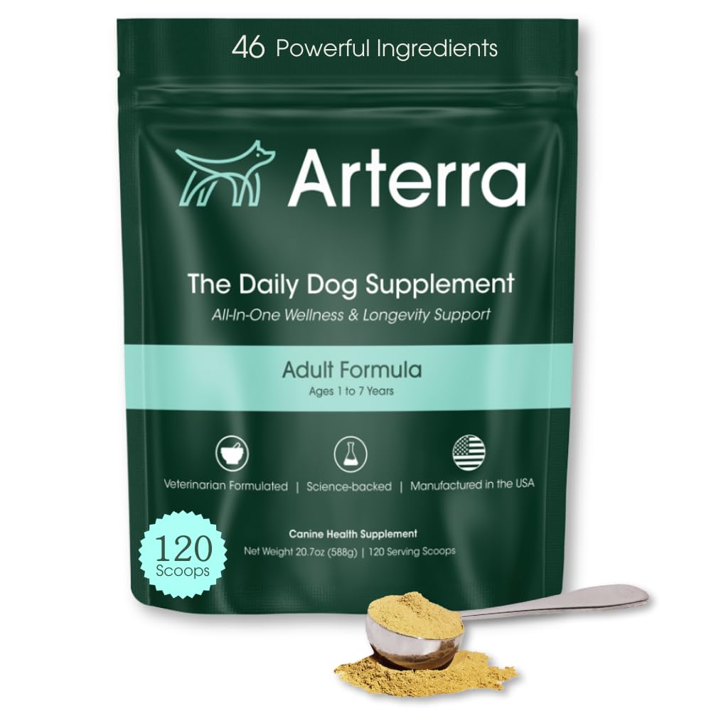 Arterra Pet Science adult dog powder supplement bottle closeup for daily longevity support