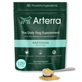 Arterra Pet Science adult dog powder supplement bottle closeup for daily longevity support