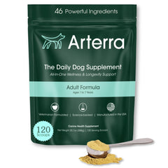 Arterra Pet Science adult dog powder supplement bottle closeup for daily longevity support