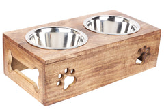 ARTISENIA Paw Design wooden pet feeder station with two bowls promotes comfortable elevated dining.