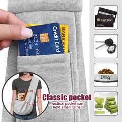 Artisome dog sling front pocket grey showing convenient storage for treats and keys.