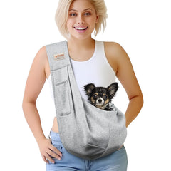 Artisome dog sling front view in grey for hands-free travel with small pets.