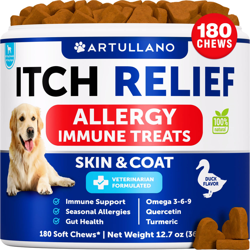 Artullano Dog Allergy Relief Chews packaging showcases convenient allergy support for dogs.