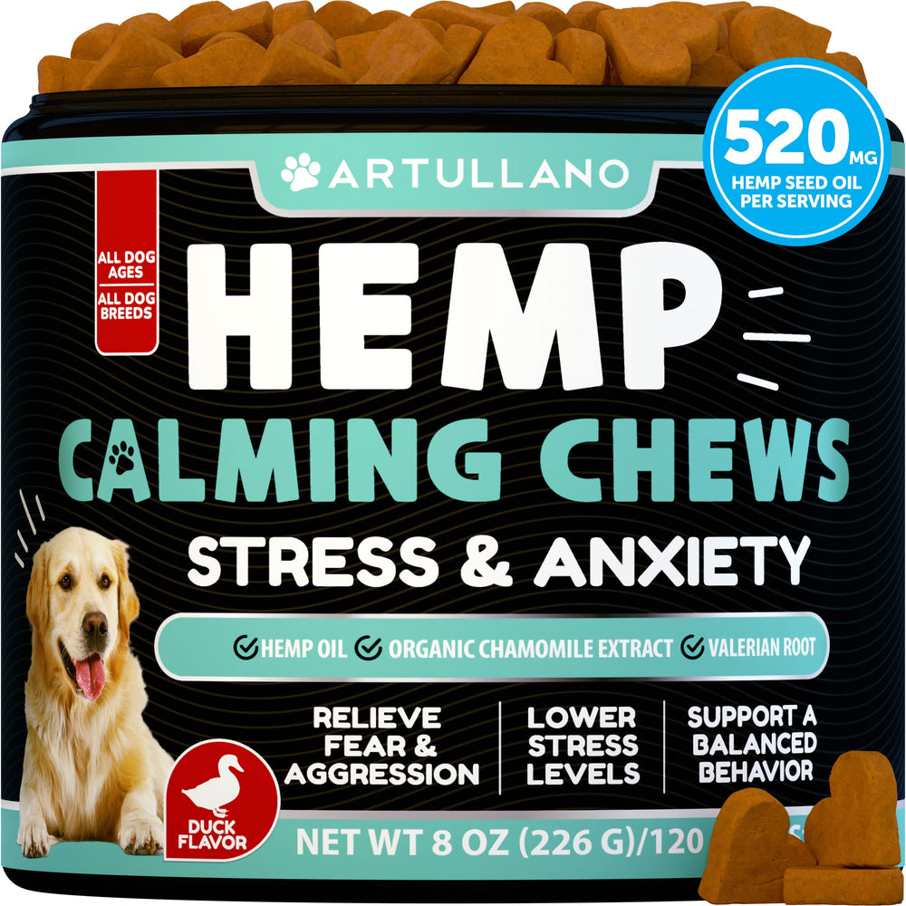 Artullano Hemp Calming Chews bottle promotes calm for anxious dogs.