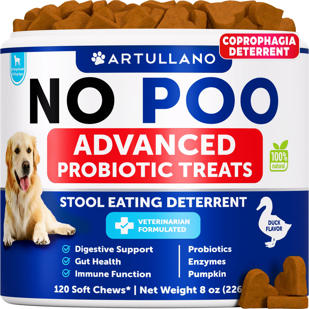 Artullano No Poo Chews bottle closeup showing probiotic gut support.