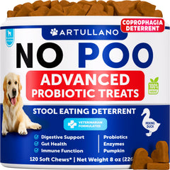 Artullano No Poo Chews dog treat jar highlights probiotic gut support.
