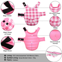 ASENKU dog winter coat pink plaid back pocket detail for small essentials.