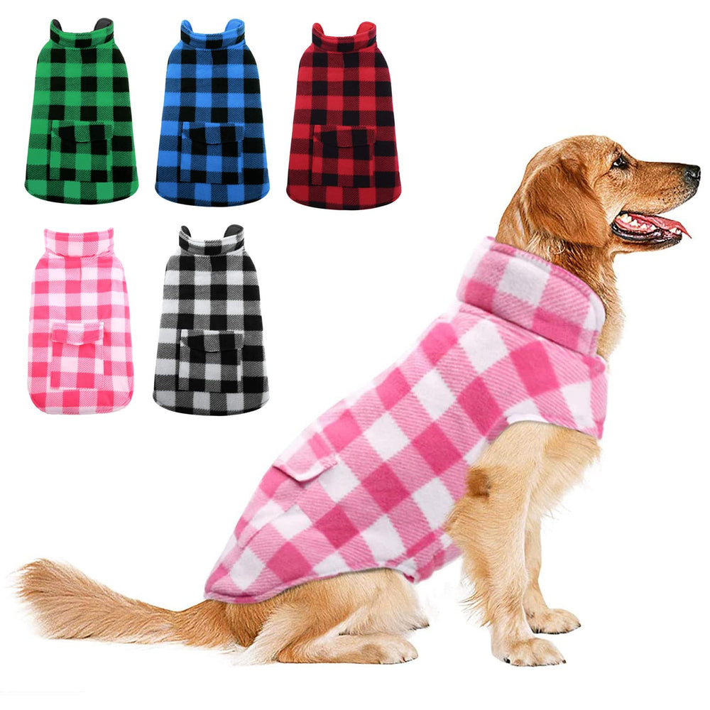 ASENKU dog winter coat pink plaid front view highlighting reversible design.