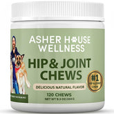 Asher House Wellness hip joint soft chews bottle support mobility during daily walks.