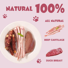 ASMPET duck-breast-beef-cartilage slices highlight natural ingredients for a healthy coat.
