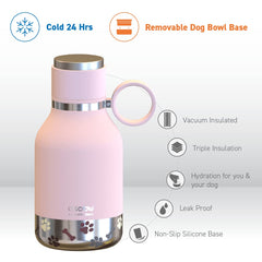 Asobu Buddy Bottle pink dog food and treat storage bowl simplifies carrying snacks.