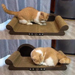 Asou cat scratcher couch nap scene demonstrates cozy resting for kittens.
