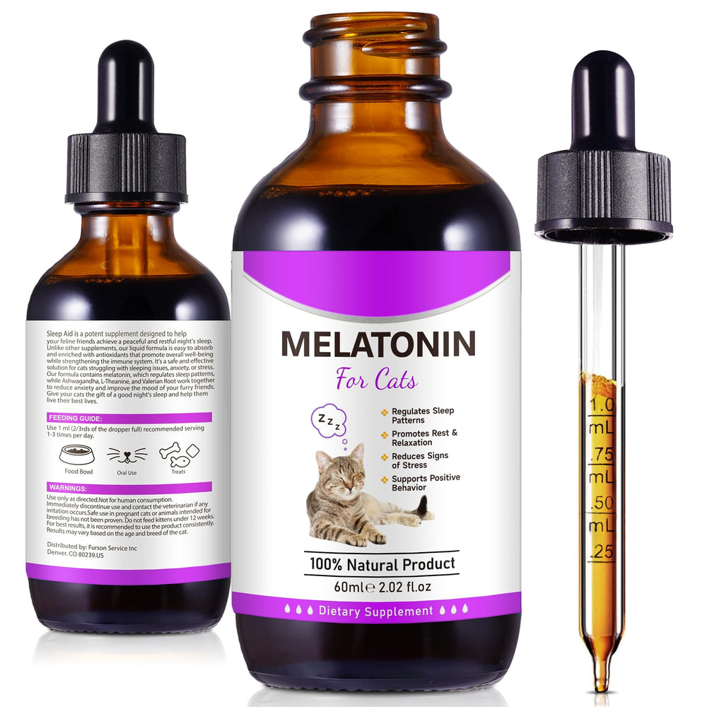 Asusxcli melatonin for cats bottle pour shows easy dosing for calmer evenings.