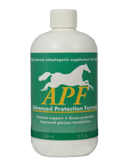 Auburn Laboratories APF bottle with label highlighting adaptive support for horses and stress resilience.