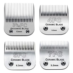Audoc 4PACK blades: ceramic and stainless options shown for smooth, quiet dog grooming.