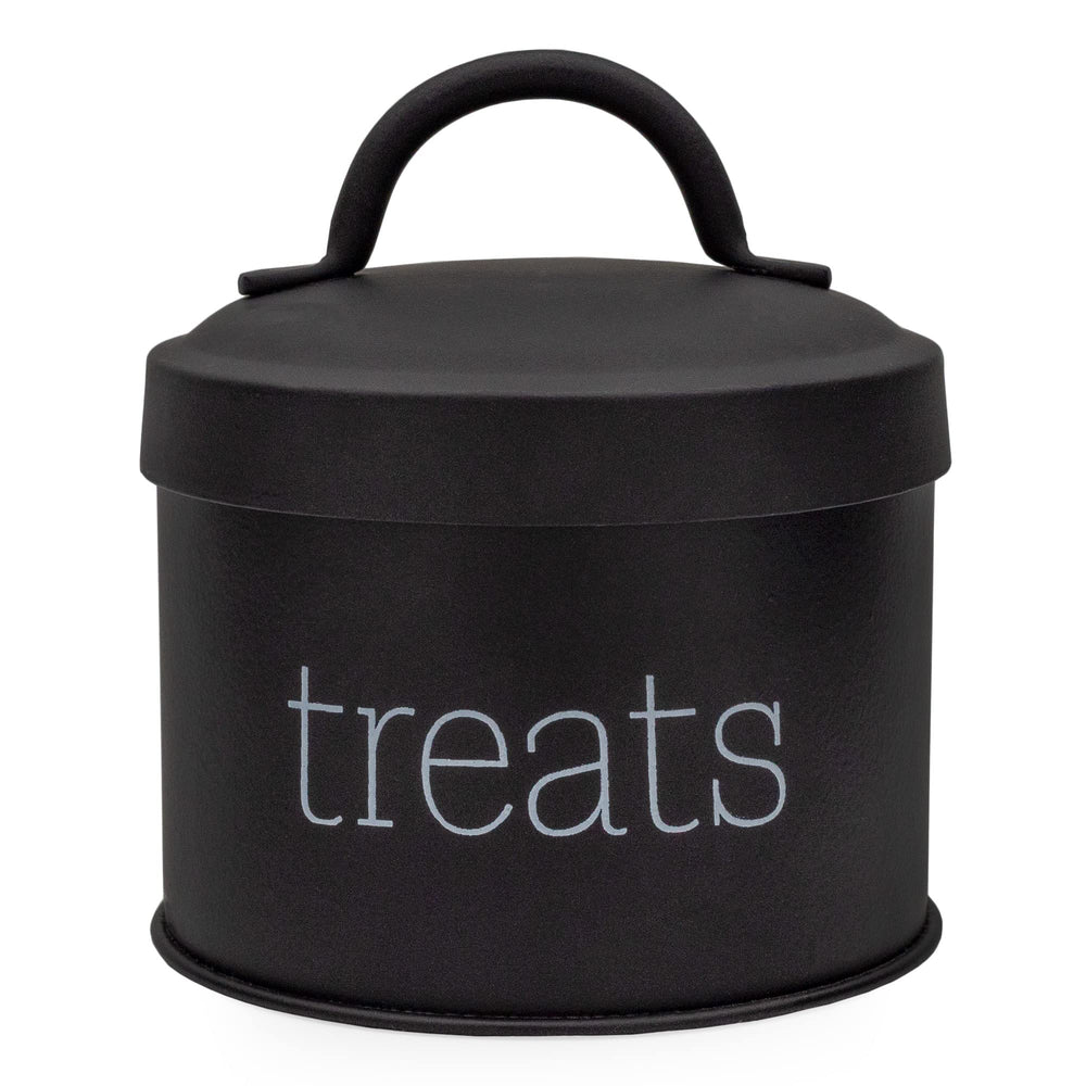 AuldHome Design enamel cat treat container black front view for compact treat storage