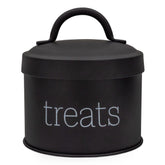 AuldHome Design enamel cat treat container black front view for compact treat storage