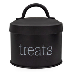 AuldHome Design enamel cat treat container black front view for compact treat storage