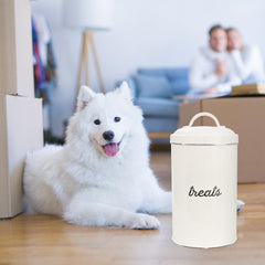 AuldHome Design enamelware dog treat jar airtight-seal closeup demonstrates freshness preservation.