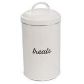 AuldHome Design enamelware dog treat jar front view highlights rustic white finish for kitchen display.