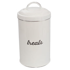 AuldHome Design enamelware dog treat jar front view highlights rustic white finish for kitchen display.