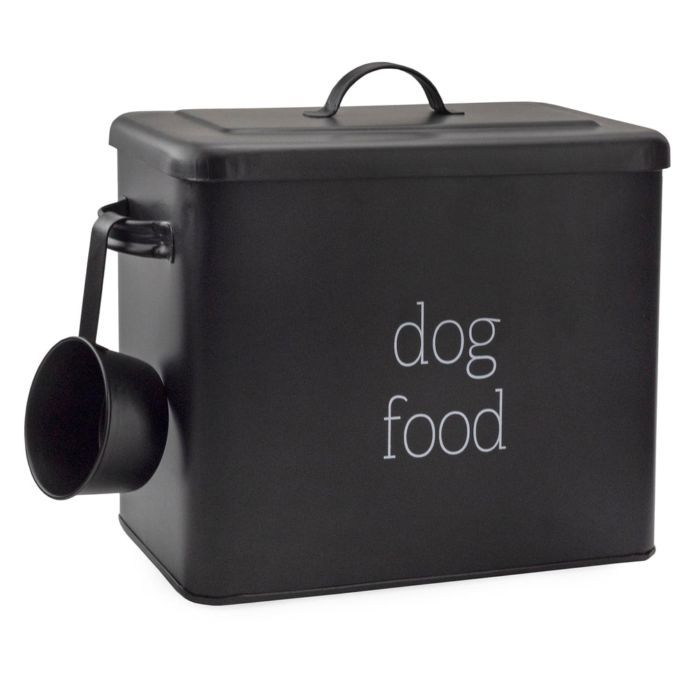 AuldHome Design retro dog food canister in black front view promotes tidy pet meal storage