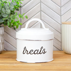 AuldHome enamelware cat treat container front shows vintage farmhouse charm.
