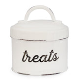 AuldHome enamelware cat treat container side view with compact counter storage.