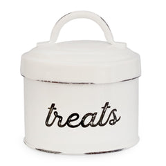 AuldHome enamelware cat treat container side view with compact counter storage.