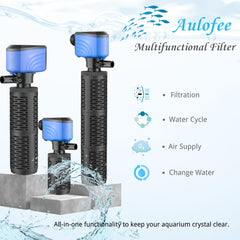 Aulofee all-in-one filter scene shows aeration, wave flow for natural tank feel.