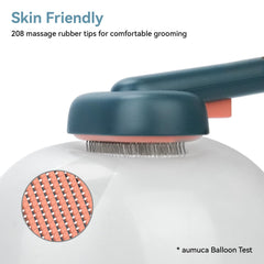 Aumuca self-cleaning brush with 150-degree bent needles for gentle grooming.