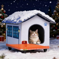 AUPETEK heated cat house on porch ready for winter warmth and shelter.