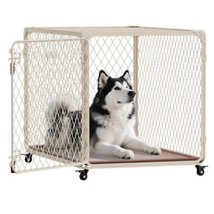 Aurapaws 42-inch diamond mesh crate assembly showcases quick setup and secure confinement.