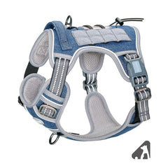AUROTH tactical dog harness denim blue buckle closeup for quick on-off control.