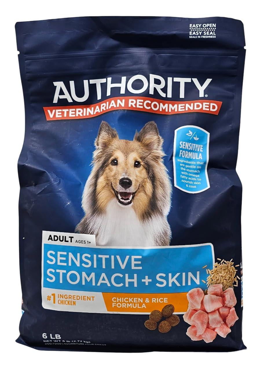 Authority sensitive-stomach-skin dog food bag shows a calm, digestion-friendly formula.