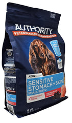 Authority small-breed dry dog food ingredients closeup with salmon