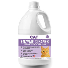 Aviano Cat Enzyme Cleaner bottle pour demonstrates easy odor elimination for pet messes.