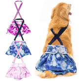 Avont washable female dog diaper with suspenders on dog provides secure all-day fit.