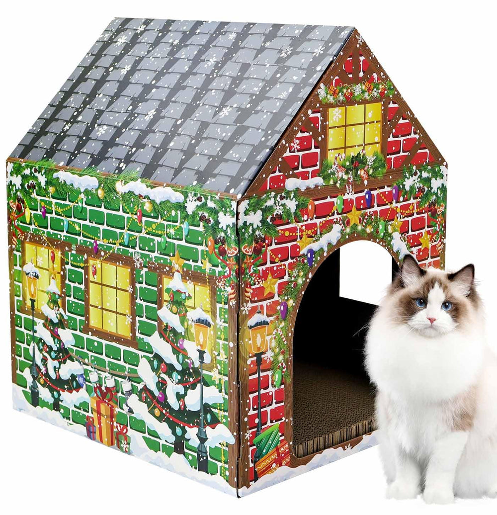 AVXINSOK Christmas cat house side view shows durable cardboard for long-lasting play