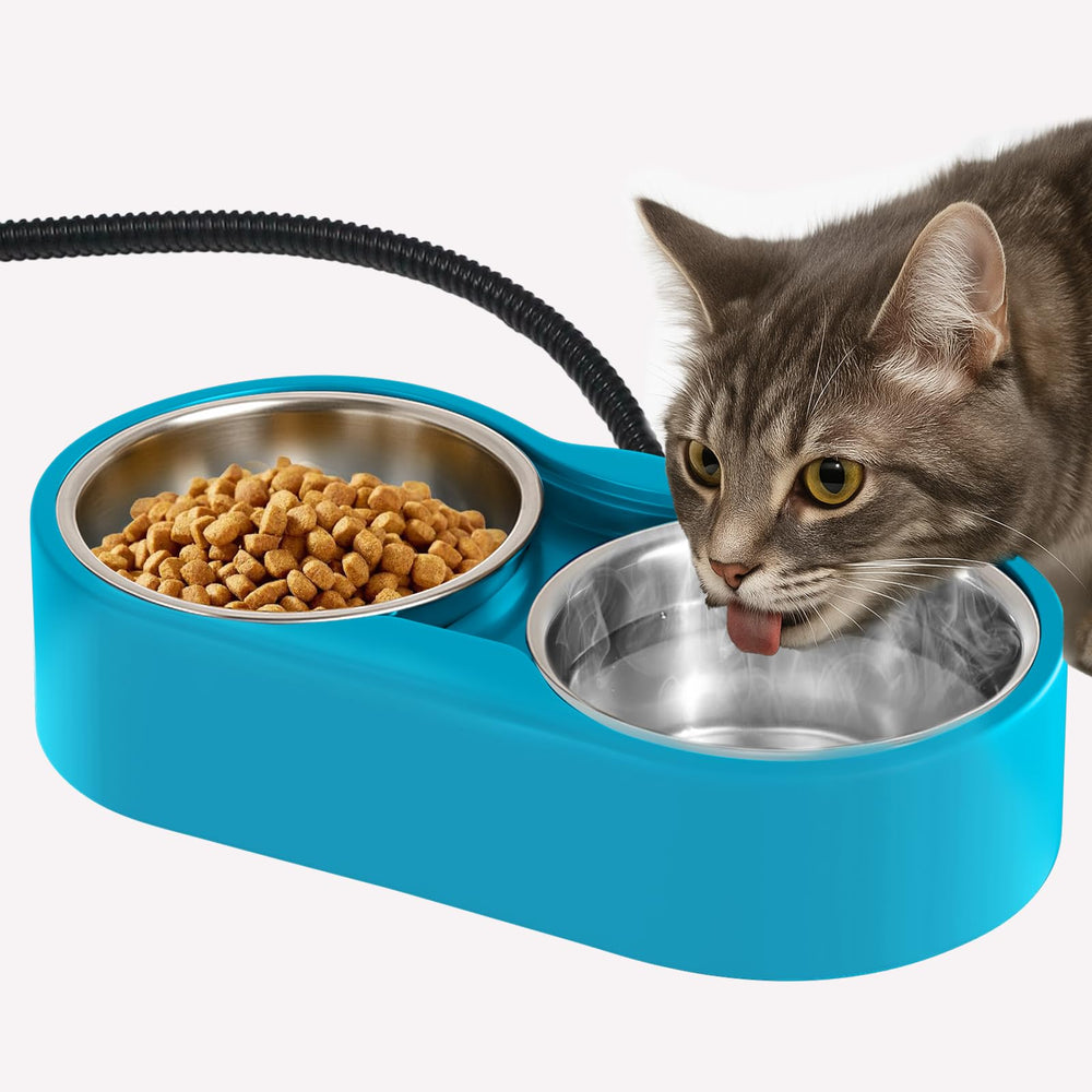 AWLYLNLL heated water bowl outdoor dual bowls provide warm water for pets.