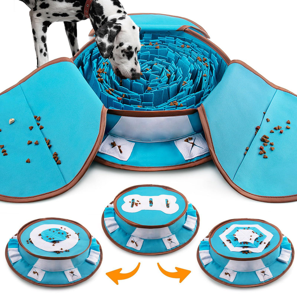 AWOOOF Pet Snuffle Mat blue top view helps engage dogs mentally during play.