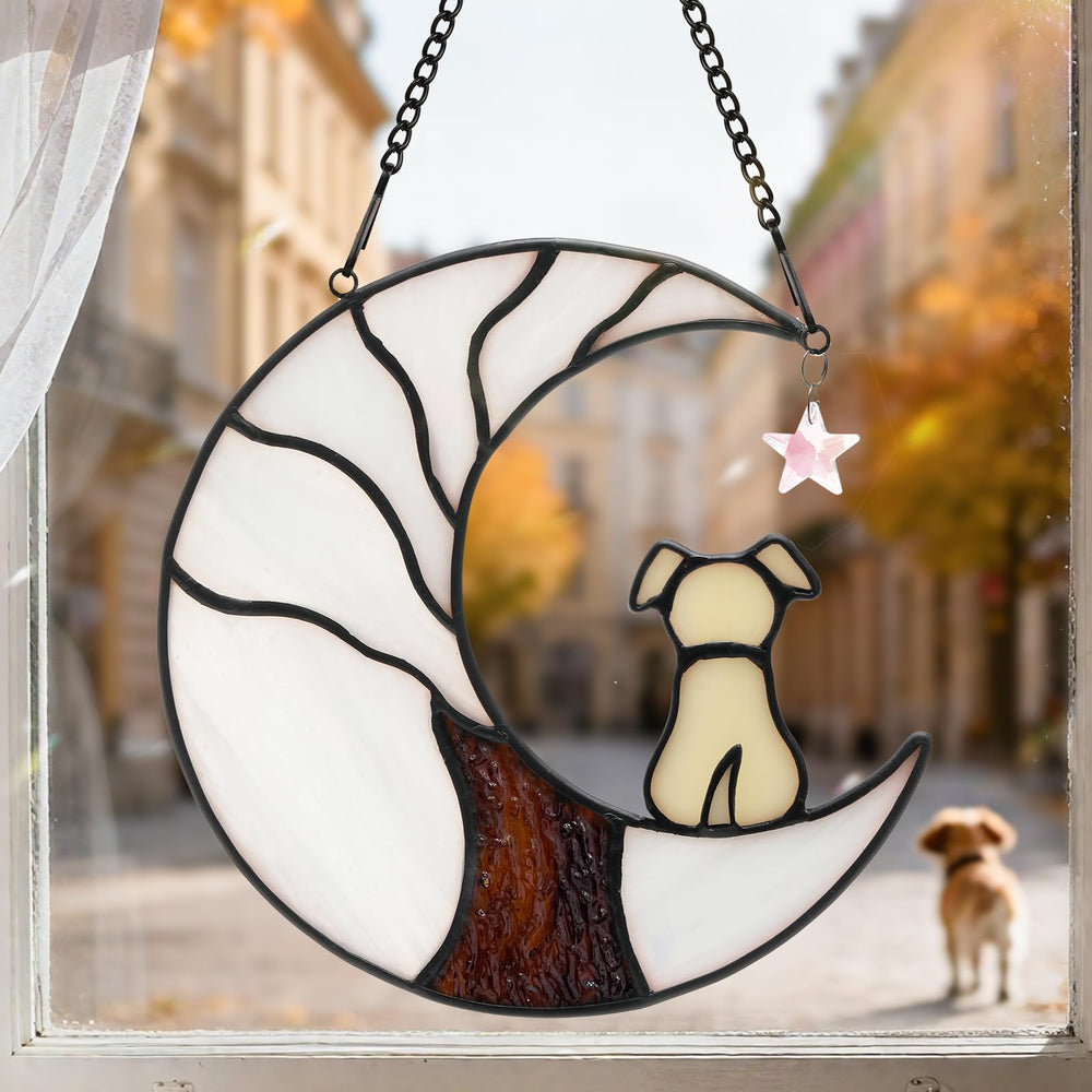 Ayadon dog memorial suncatcher hanging in window, gentle tribute fostering comforting memory